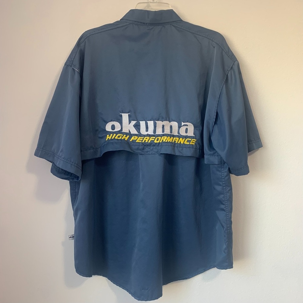 Okuma Large High Performance Fishing Utility Shirt Blue Vented Relaxed Pockets - Picture 2 of 9